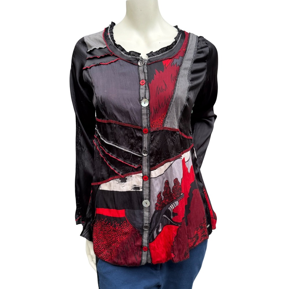 Vintage Y2K Point Zero‎ Nicole Benisti Patchwork Blouse Whimsigoth Black Red M